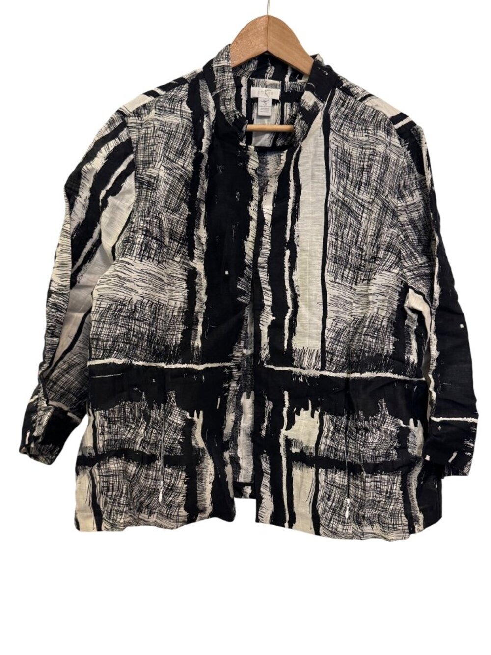 Chicos Black & White Abstract Print Button-Front Jacket Size 3 Linen Blend